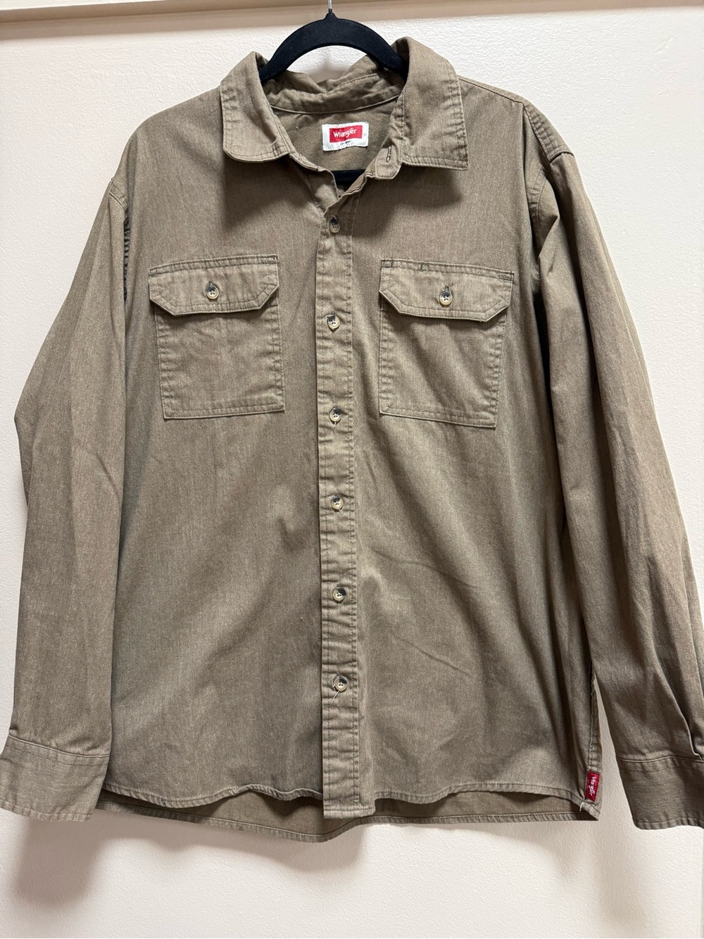 Wrangler Button Up Shirt Olive Khaki Stretch Cotton Blend Utility Overshirt XL